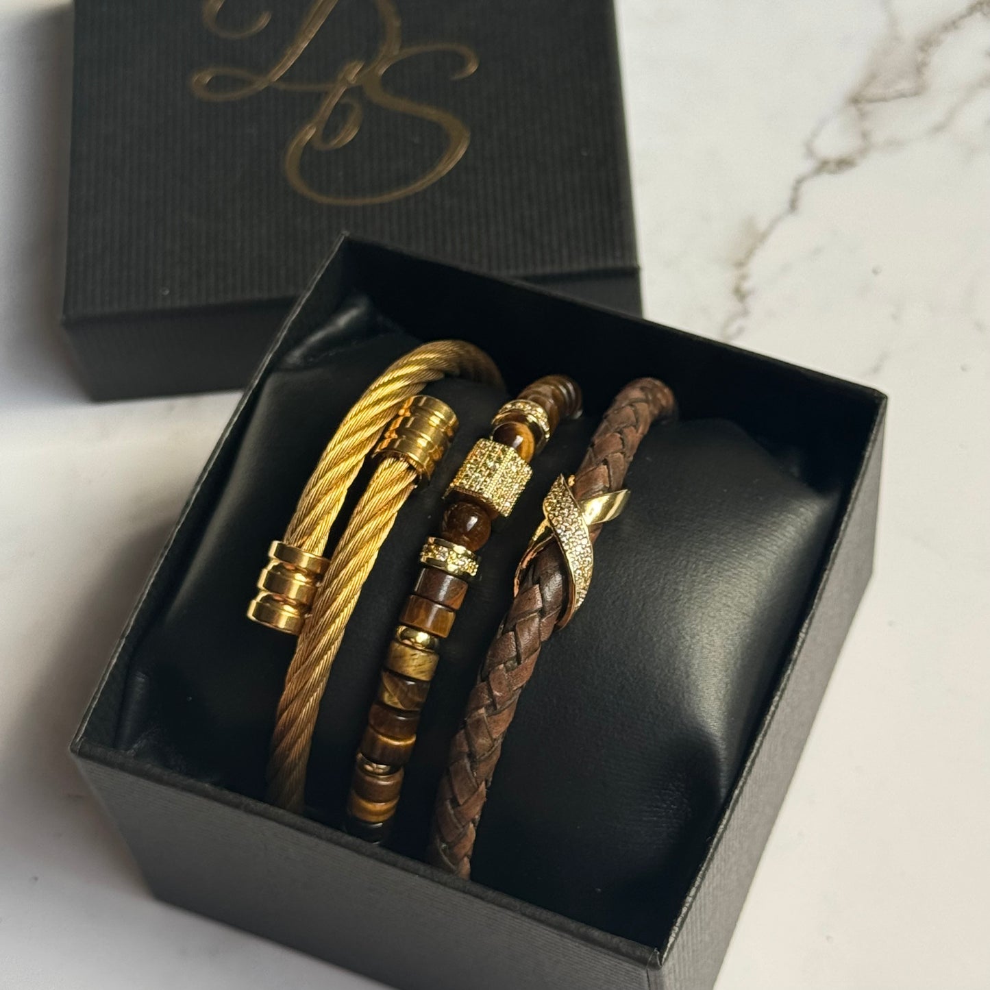 Tiger Eye Pavé Gemstone Bracelet/Leather Stack
