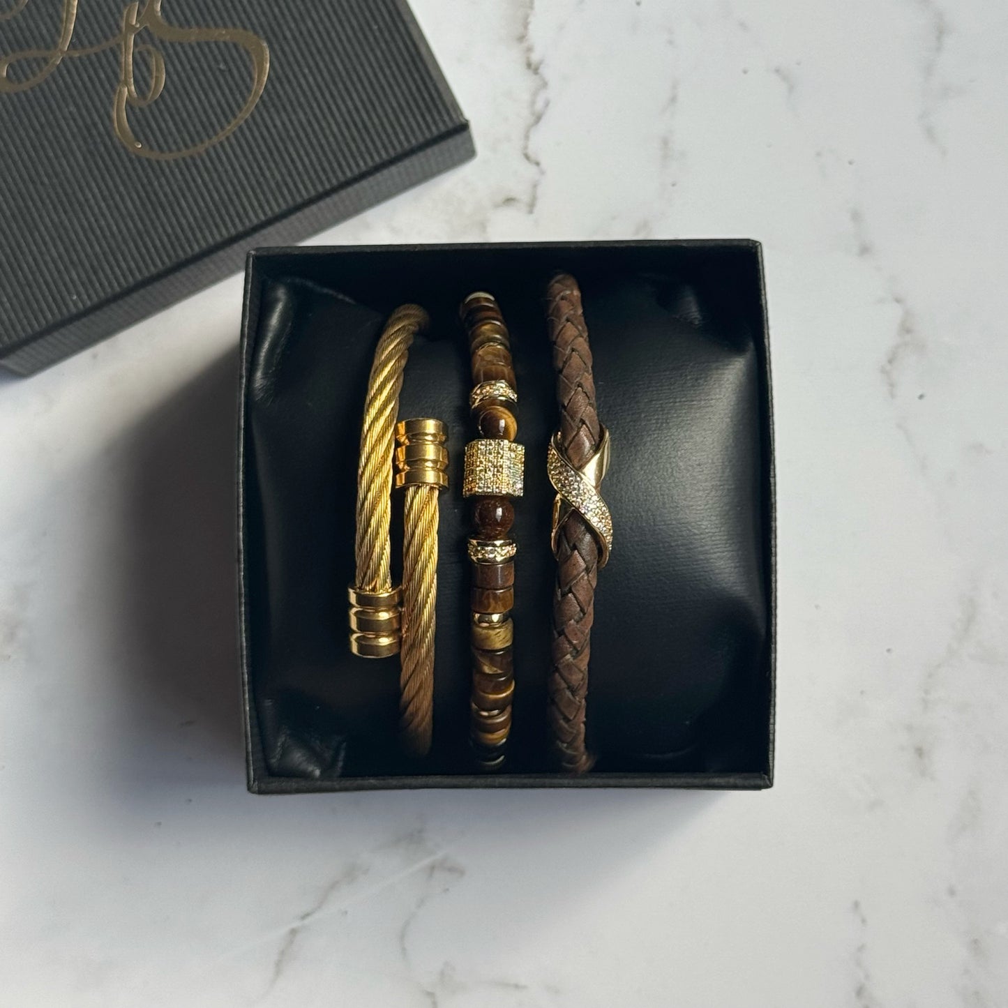 Tiger Eye Pavé Gemstone Bracelet/Leather Stack