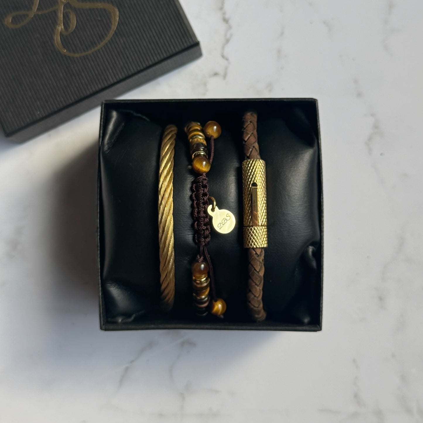 Tiger Eye Pavé Gemstone Bracelet/Leather Stack
